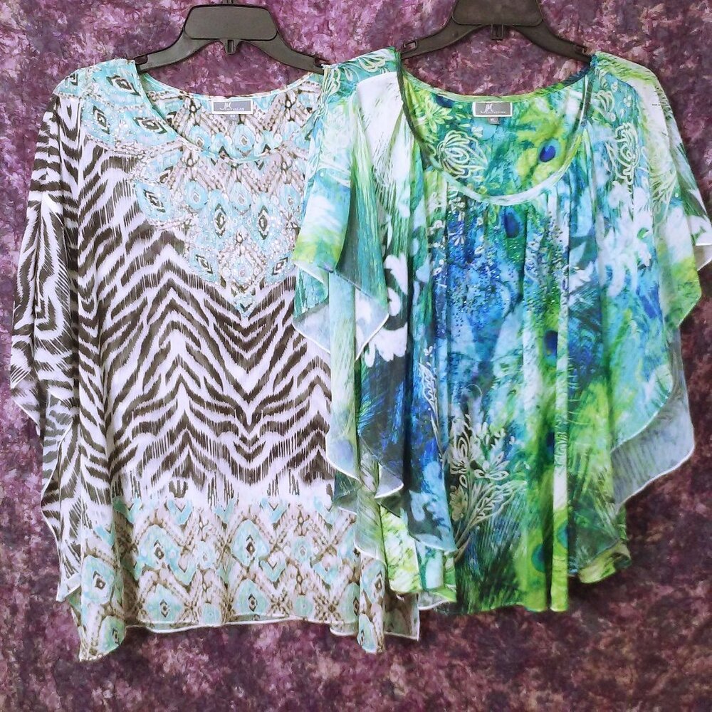 Lot (2) Blouses Tops JM Collection Lady-OX/XL Flowy Layers Sequins Bold Animal
